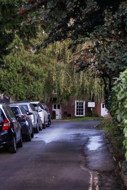A narrow residential lane in Chelsfield lined with parked cars on the left side, including sedans and hatchbacks in dark and light colours, with a wet tarmac surface indicating recent rain. Green foliage and overhanging branches from nearby trees and bushes partially obscure the view, creating a canopy over the street. In the background, a brick house with white-framed windows and a small porch is visible, suggesting an area suitable for house removals and furniture transport. The scene captures a typical quiet suburban setting, emphasizing the confined space that can cause parking clashes during home relocation or packing and moving processes. Man with Van Chelsfield's services are relevant here to assist with loading, unloading, and navigating these narrow lanes, ensuring efficient and careful furniture movement amidst the limited parking options and natural surroundings.
