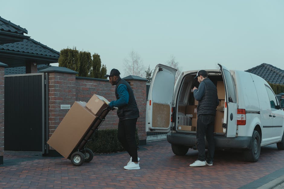 Inside the rear compartment of a van used for home relocation, several cardboard boxes of various sizes are arranged for furniture transport and packing and moving activities. Some boxes are sealed with packing tape, while others are open with plastic wrapping or loose contents visible. The boxes are positioned on the vehicle's floor, with larger boxes placed against the walls and smaller ones stacked nearby. The van's interior features a grey metal lining, and the open rear door reveals an outdoor pavement area, indicating the loading process is underway for a house removal. The environment is well-lit, highlighting the organized arrangement of packing materials and boxes, consistent with professional removals services offered by Man with Van Chelsfield, based on the Bromley Council permits for Chelsfield van loading.