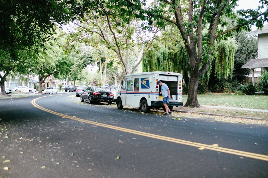 A man wearing casual clothing and a baseball cap is seen loading packages into a United States Postal Service blue and white mail truck parked on the side of a residential street. The truck is positioned partially on the curb, with an open rear door revealing a partially visible interior. Several cardboard boxes and plastic-wrapped items are being placed inside the vehicle. The street is lined with mature trees with green foliage, providing shade over the pavement and parked cars, including sedans and SUVs. The surroundings include residential houses with front yards and lawns, some with bushes and trees. The road surface is dark asphalt with yellow double lines running along the centre, and leaf litter is scattered across it. The scene is well-lit, suggesting daytime with natural light highlighting the outdoor environment, indicative of furniture transport, packing, and loading activities associated with home relocation services, supported by Man with Van Chelsfield.