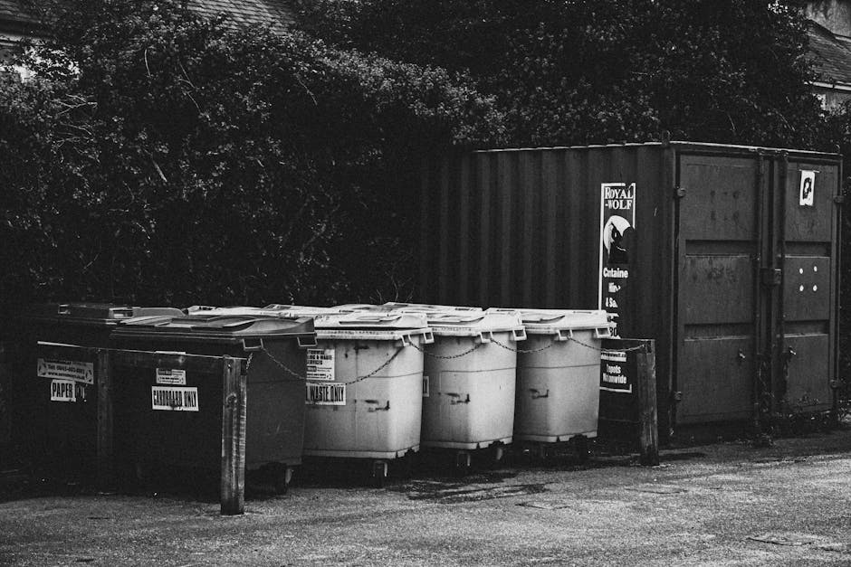 A black and white photograph showing a row of waste disposal bins positioned on a paved area next to a large storage container. The bins include two black bins labeled 'PAPER' and 'CARBOARD ONLY', and four white bins with lids secured by chains. A wooden post is in front of the bins, and a black skip bin or storage container is situated behind them. The background features dense foliage and trees, with a partially visible building roof at the top edge of the image. The scene appears to be part of a residential or commercial property undergoing clearance or waste collection, relevant to house removals and packing logistics, as managed by Man with Van Chelsfield.