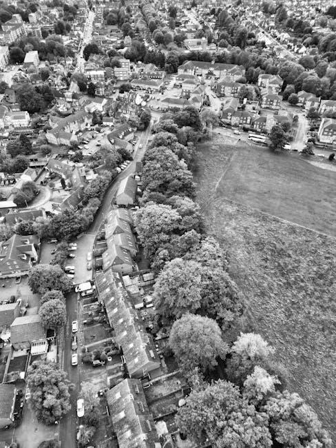 An aerial view of a residential neighbourhood showing tightly packed houses with pitched roofs, some with chimneys, lining a narrow curving street with parked cars along the sides. Adjacent to the street, there is a row of gardens and trees providing greenery. To the right of the houses, a large open grassy area or field extends towards the horizon. The scene is captured during daylight with clear visibility, highlighting the urban layout. In the context of home relocation, this image could relate to the scenic setting of Chelsfield while [COMPANY_NAME], Man with Van Chelsfield, facilitates furniture transport and packing during moving services in the area.